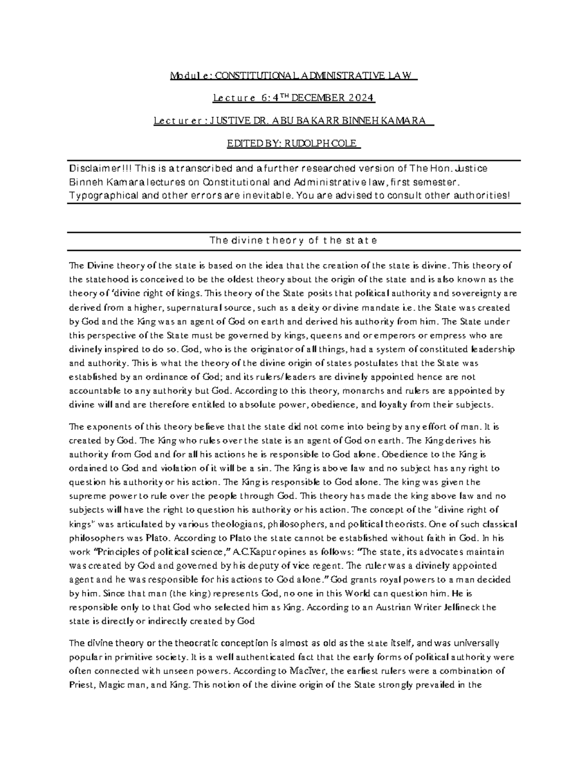 Lecture 6: The Divine Theory of the State in Constitutional Admin Law ...