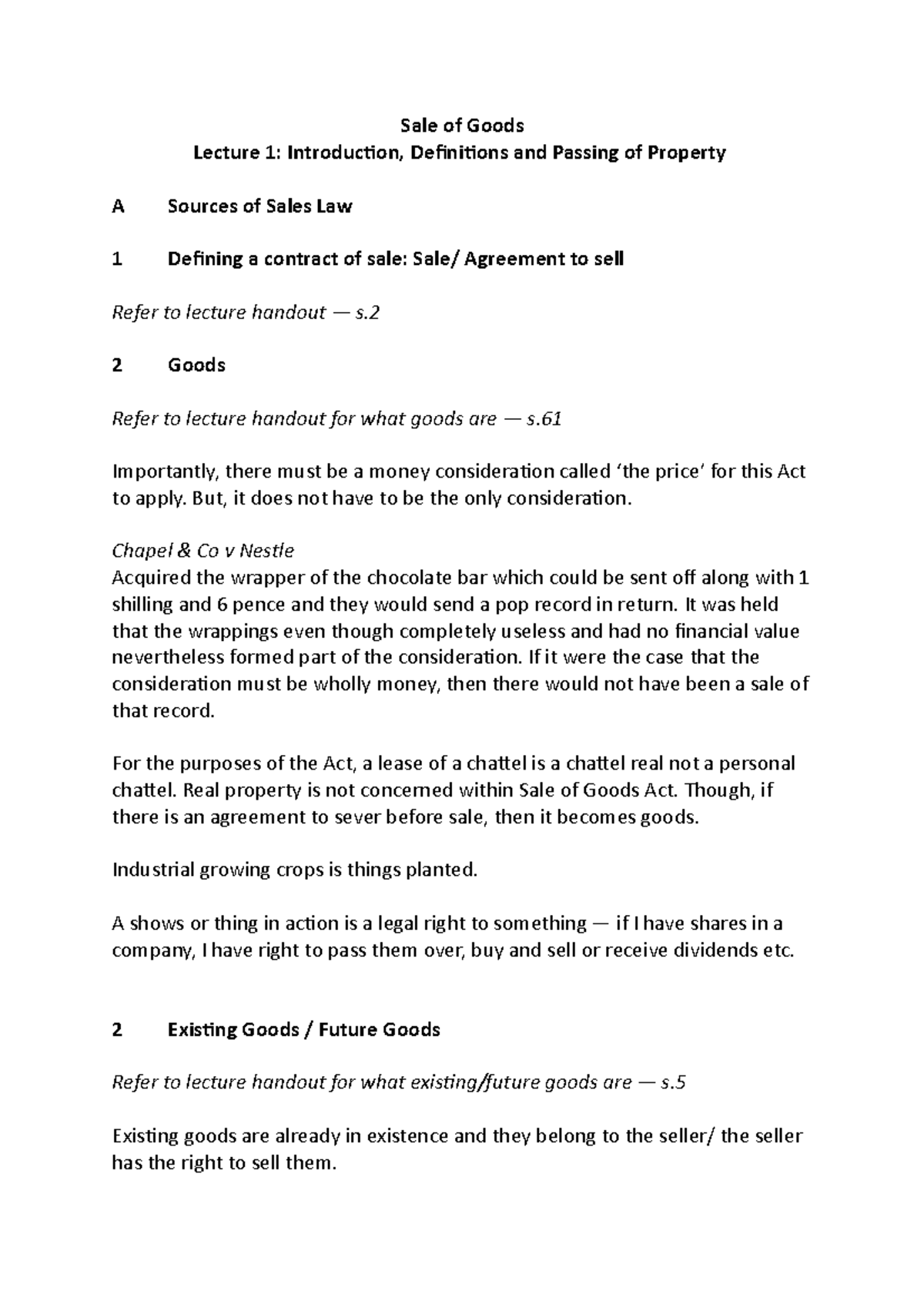 Sale of Goods Lecture 1: Intro to Contract, Goods, and Seller's Duties ...