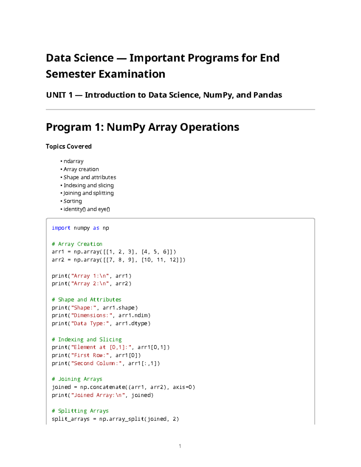 Data Science (DSC101) Unitwise Programs for End Semester Exam - Studocu
