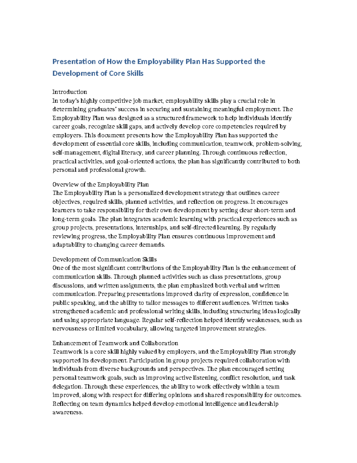 Employability Plan: Enhancing Core Skills for Career Success - Studocu