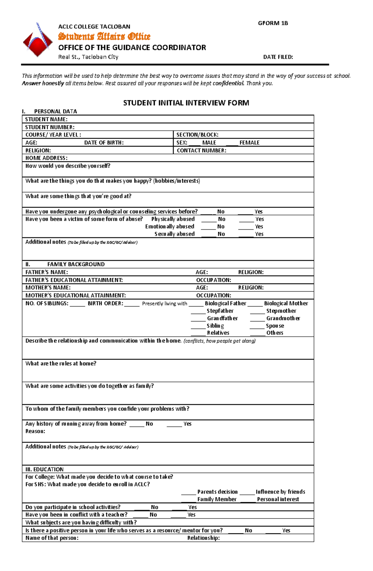 GFORM 1B: Student Initial Interview Form - ACLC College Tacloban - Studocu