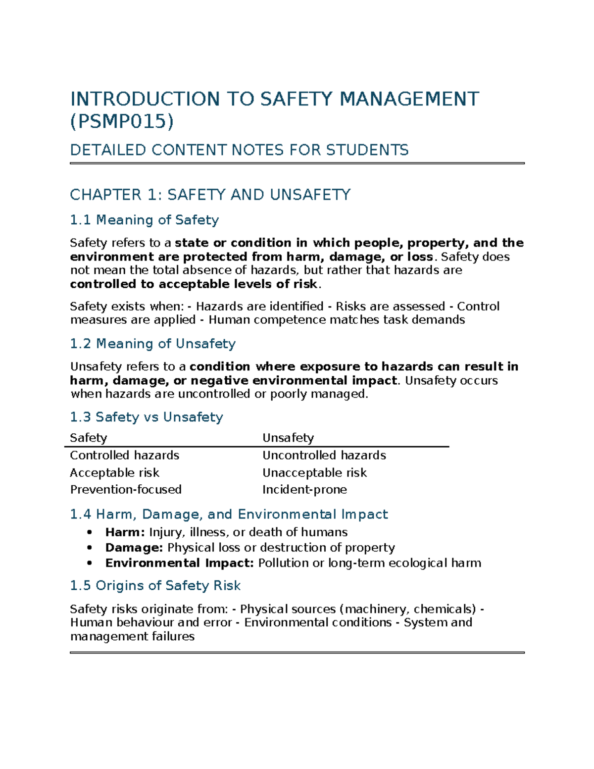 PSMP015 Introduction to Safety Management: Detailed Chapter Notes - Studocu