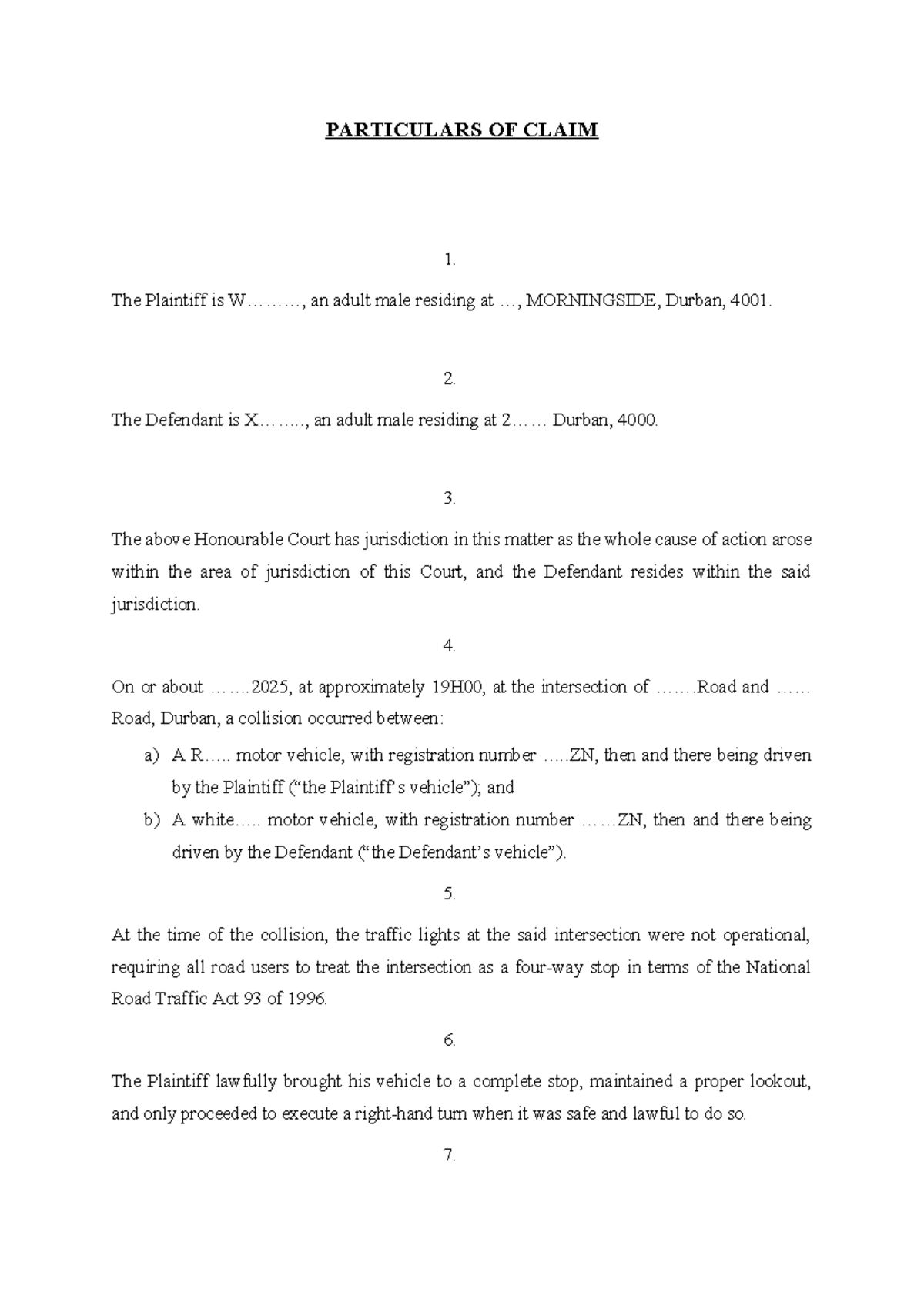 Particulars of Claim: Plaintiff vs. Defendant - Case No. 22 - Studocu