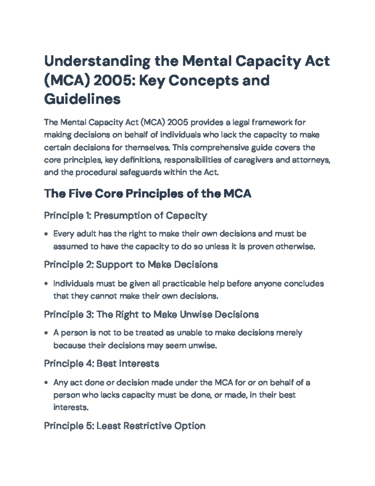 Understanding the Mental Capacity Act (MCA) 2005: Principles ...