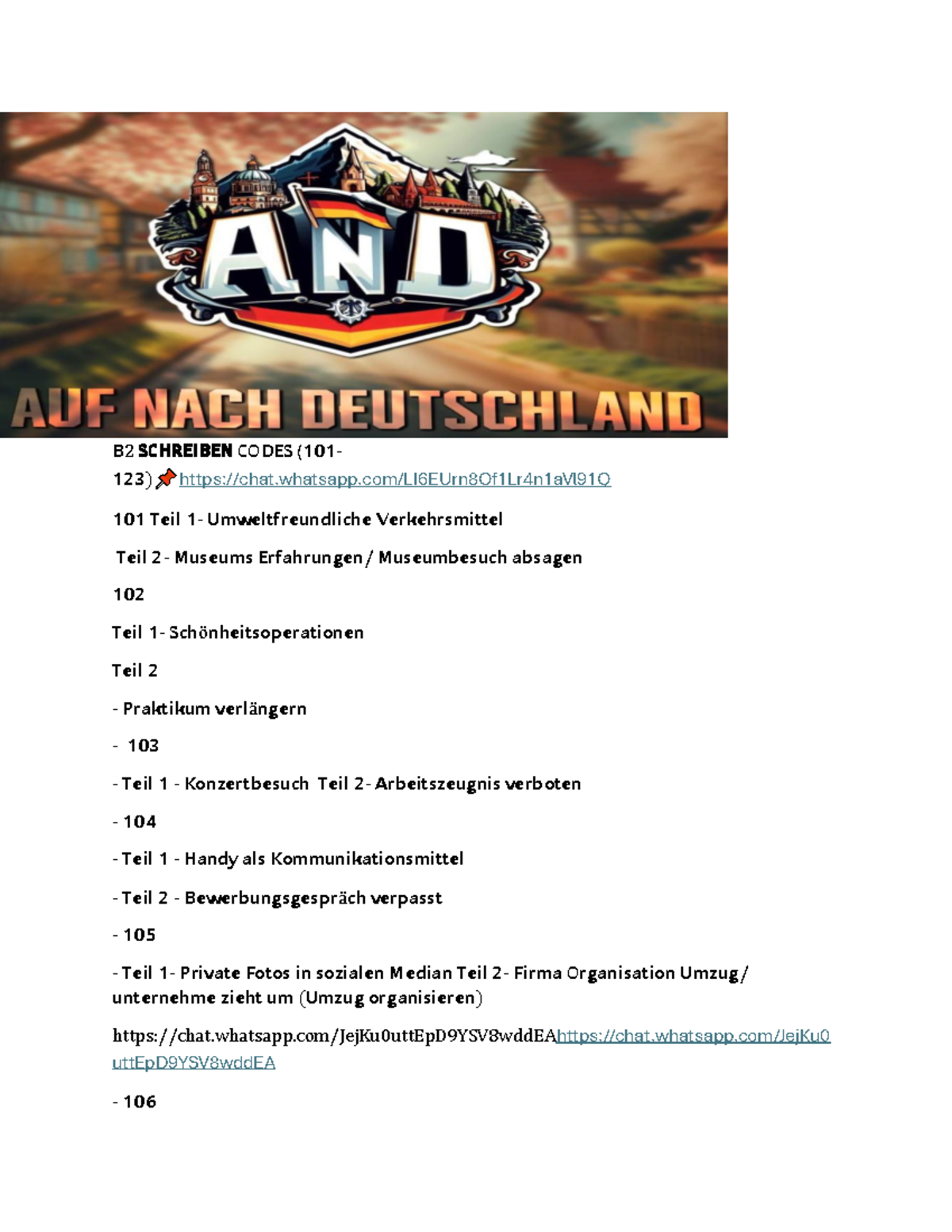 B2 Schreiben Codes Übersicht (101-123) - Studocu