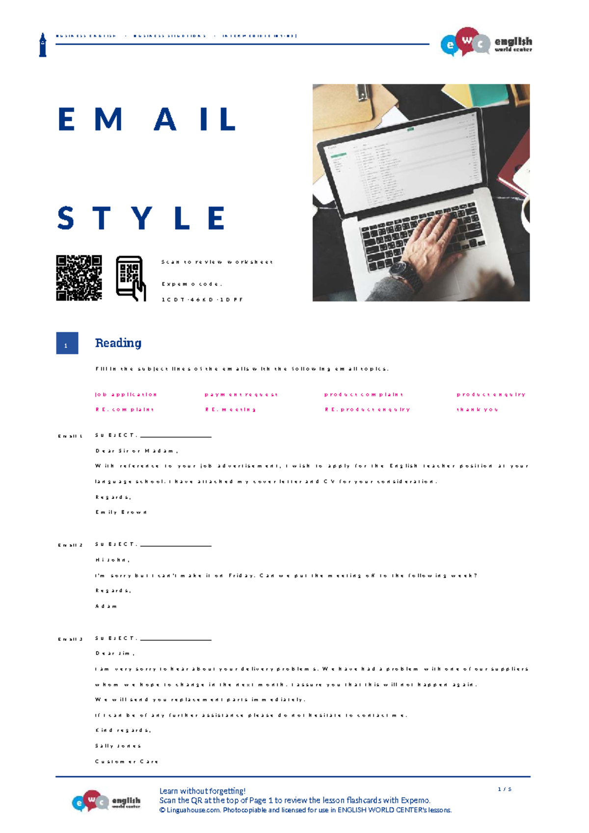 BUSINESS ENGLISH C1 INTERMEDIATE EMAIL STYLE Worksheet - Studocu