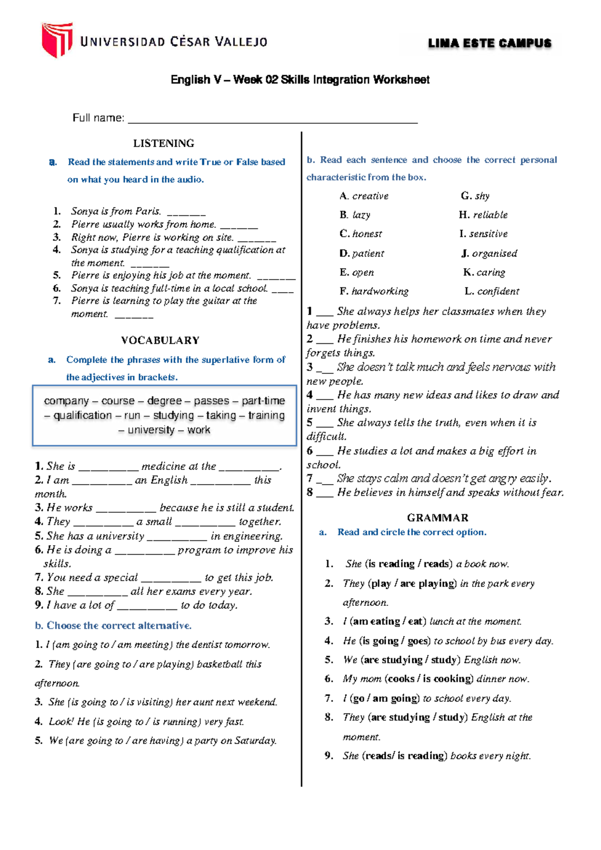 English V - Week 02 Skills Integration Worksheet - Studocu