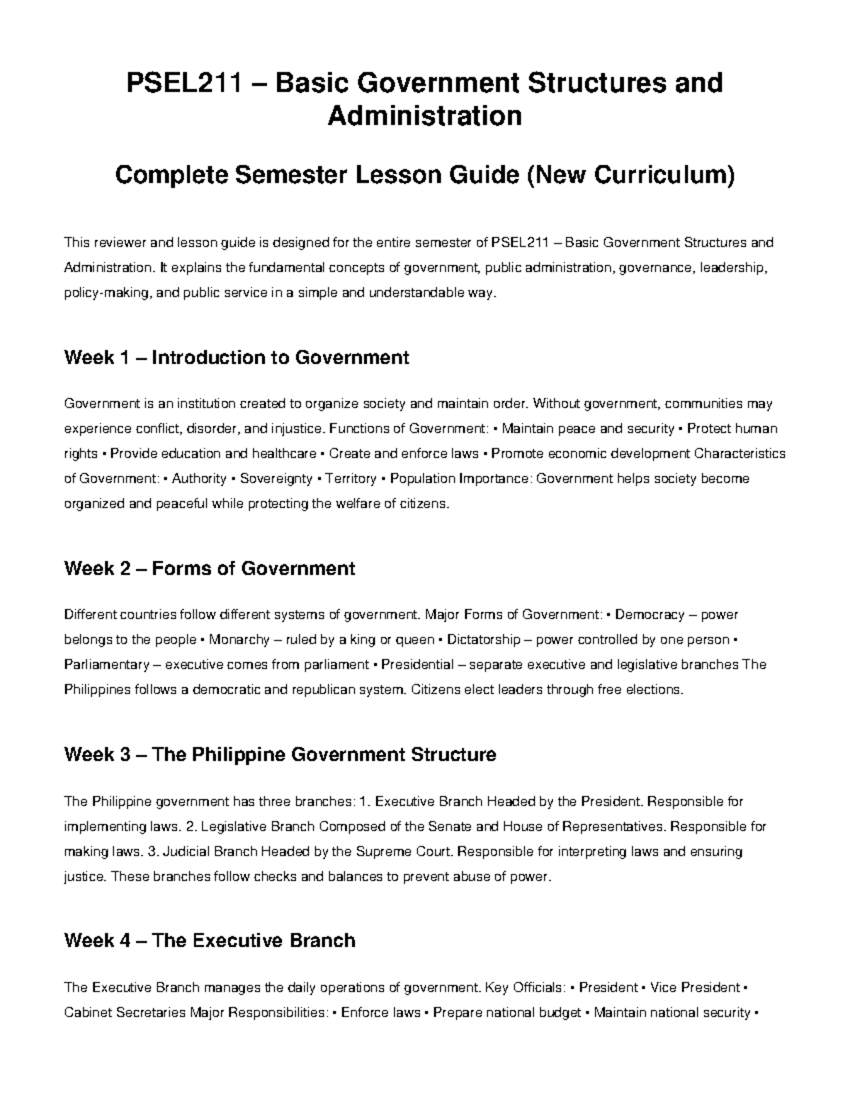 PSEL211 Complete Semester Lesson Guide on Government Structures - Studocu