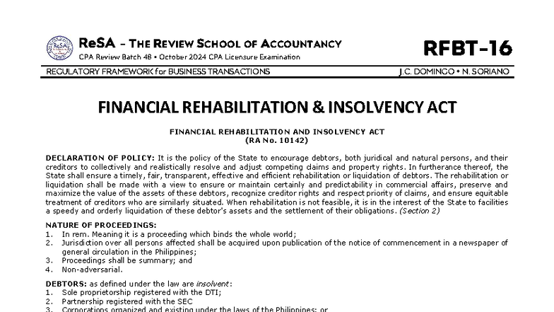 ReSA CPA Review Batch 48: FRIA Notes for October 2024 Exam - Studocu