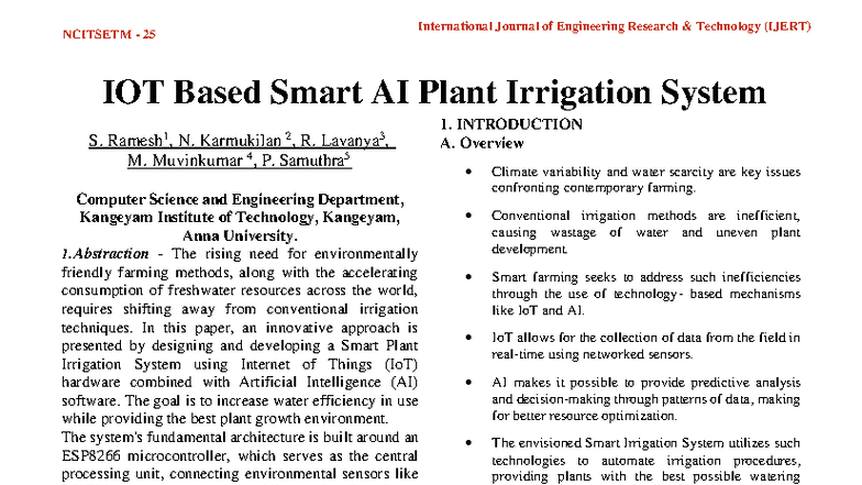 IOT-Based Smart AI Plant Irrigation System - IJERT NCITSETM 25 - Studocu
