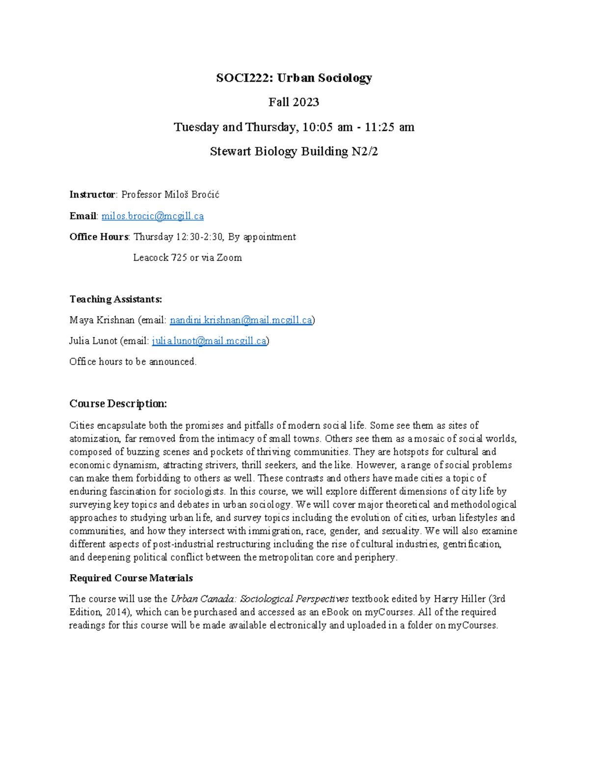 SOCI 222 Course Outline: Urban Sociology - Fall 2023 - Studocu