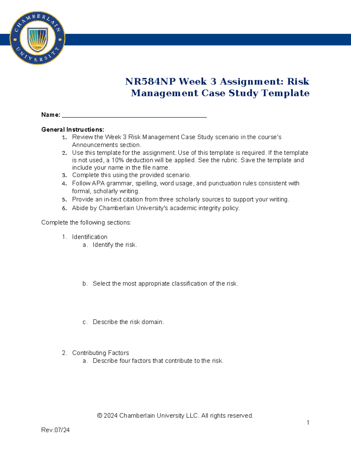 NR584 NP Week 3 Risk Management Case Study Template Guide - Studocu
