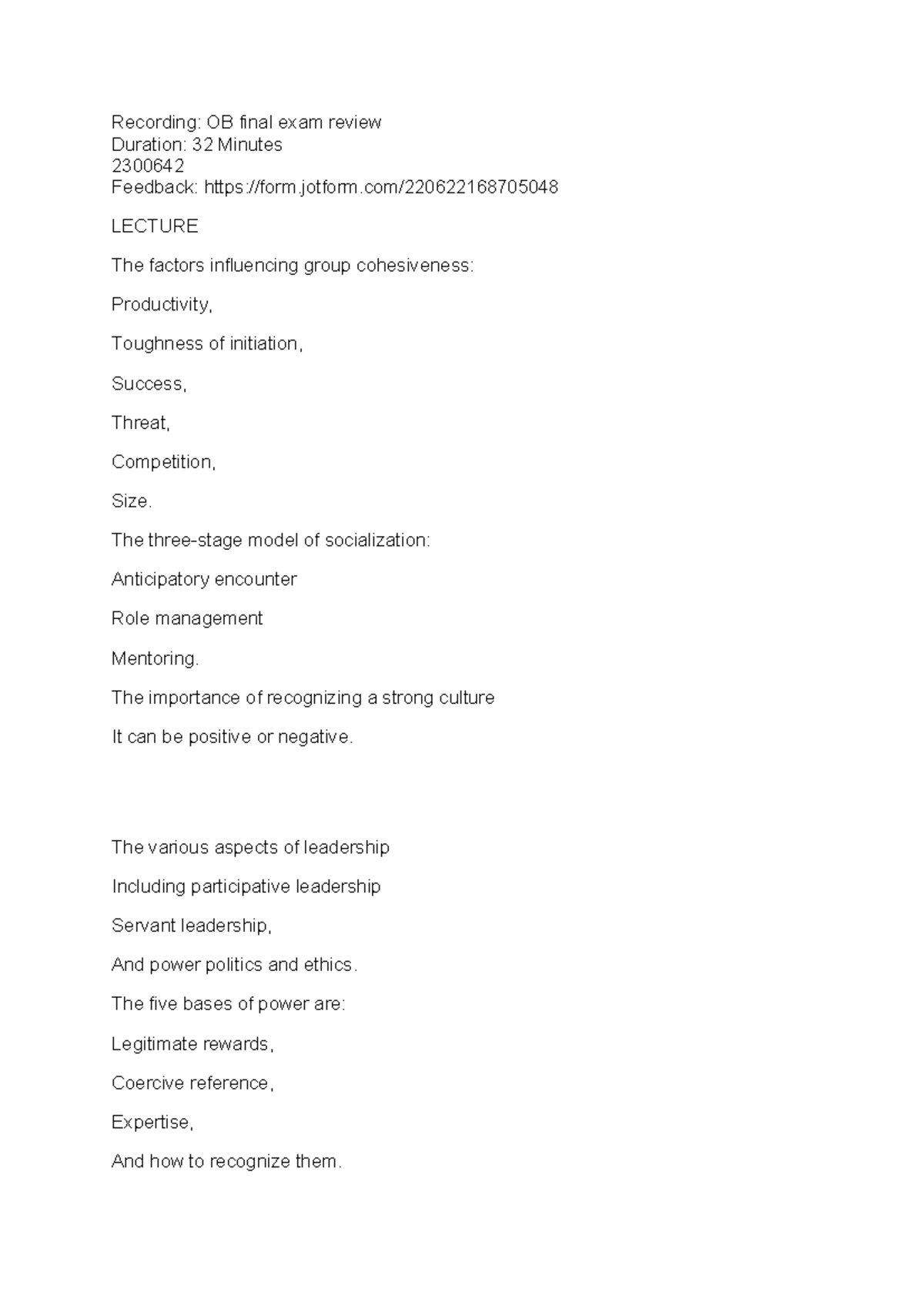 OB 2300642 Final Exam Review - Key Concepts & Notes - Studocu