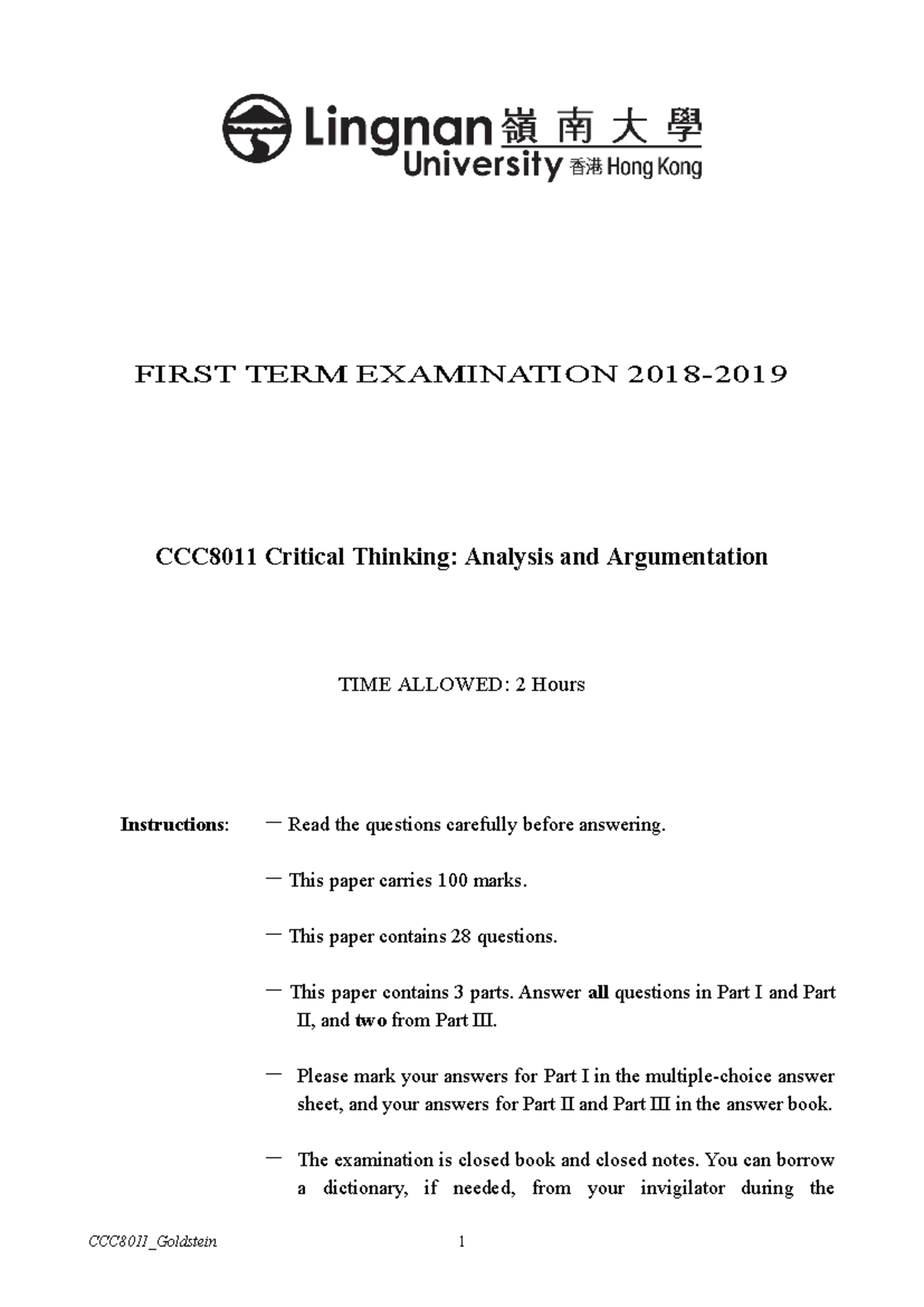 Final Exam Solutions for CCC8011 Critical Thinking 2018-19 - Studocu