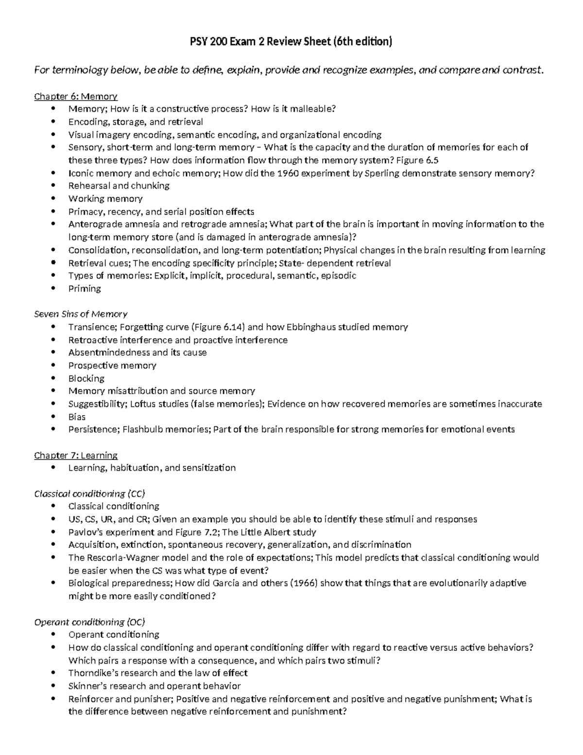 PSY 200 Exam 2 Review Sheet: Memory, Learning, Emotion & Motivation ...