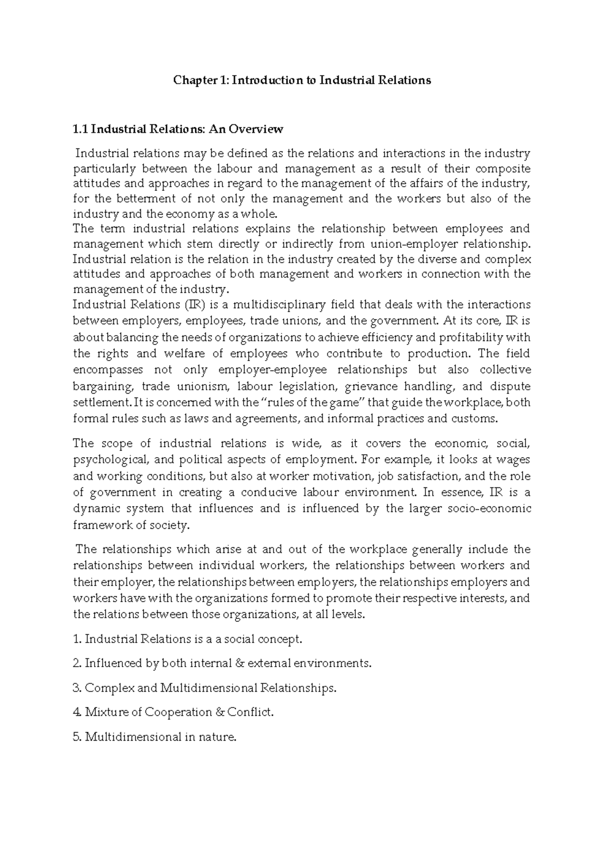 IR Module-1: Chapter 1 - Introduction to Industrial Relations - Studocu