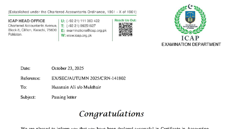CAF Examination Passing Letter - October 2025 - Studocu