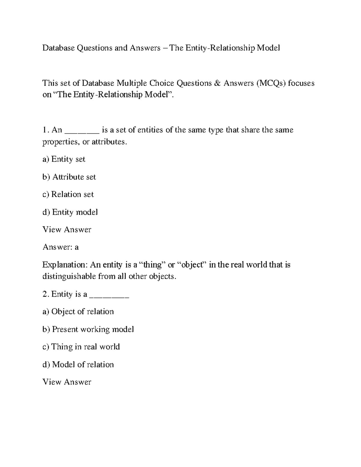 Database MCQs on Entity-Relationship Model & Constraints - Studocu