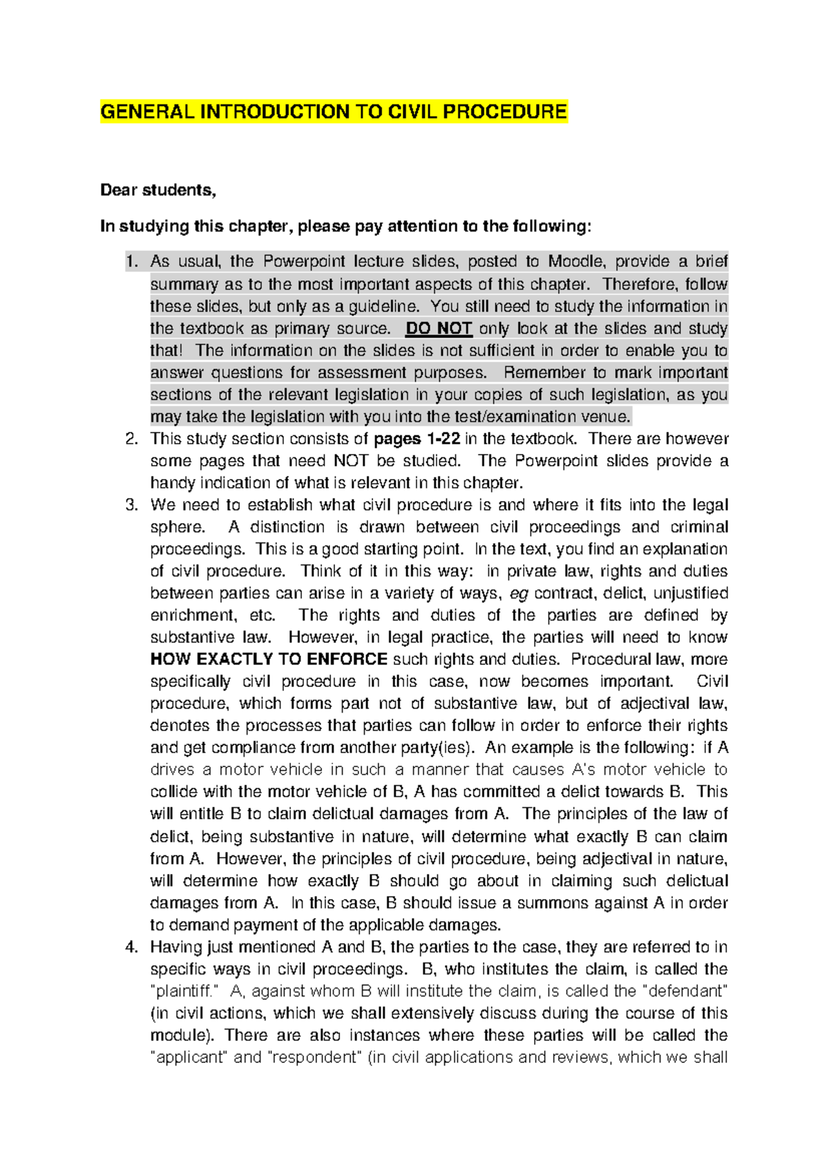 Introduction - notes - GENERAL INTRODUCTION TO CIVIL PROCEDURE Dear ...