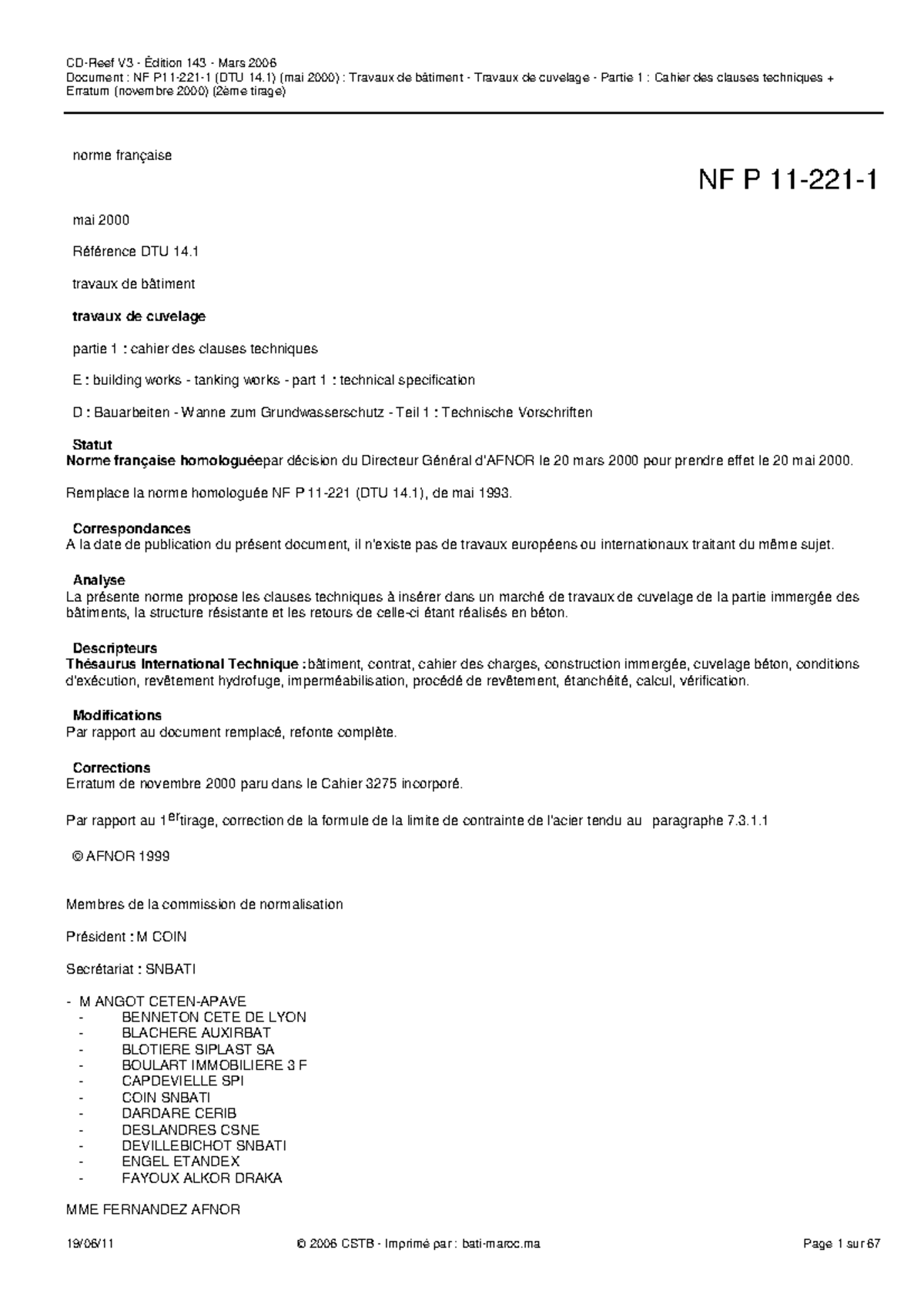 DTU 14.1 - Cahier des Clauses Techniques pour Travaux de Cuvelage - Studocu