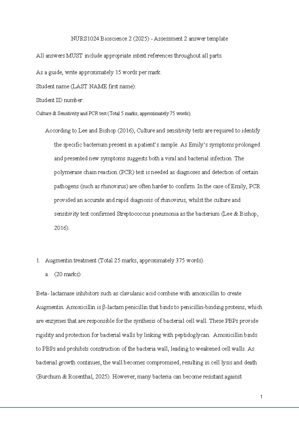 NURS1024 Case Study Template (2025): Bioscience 2 Assessment 2 Guide ...