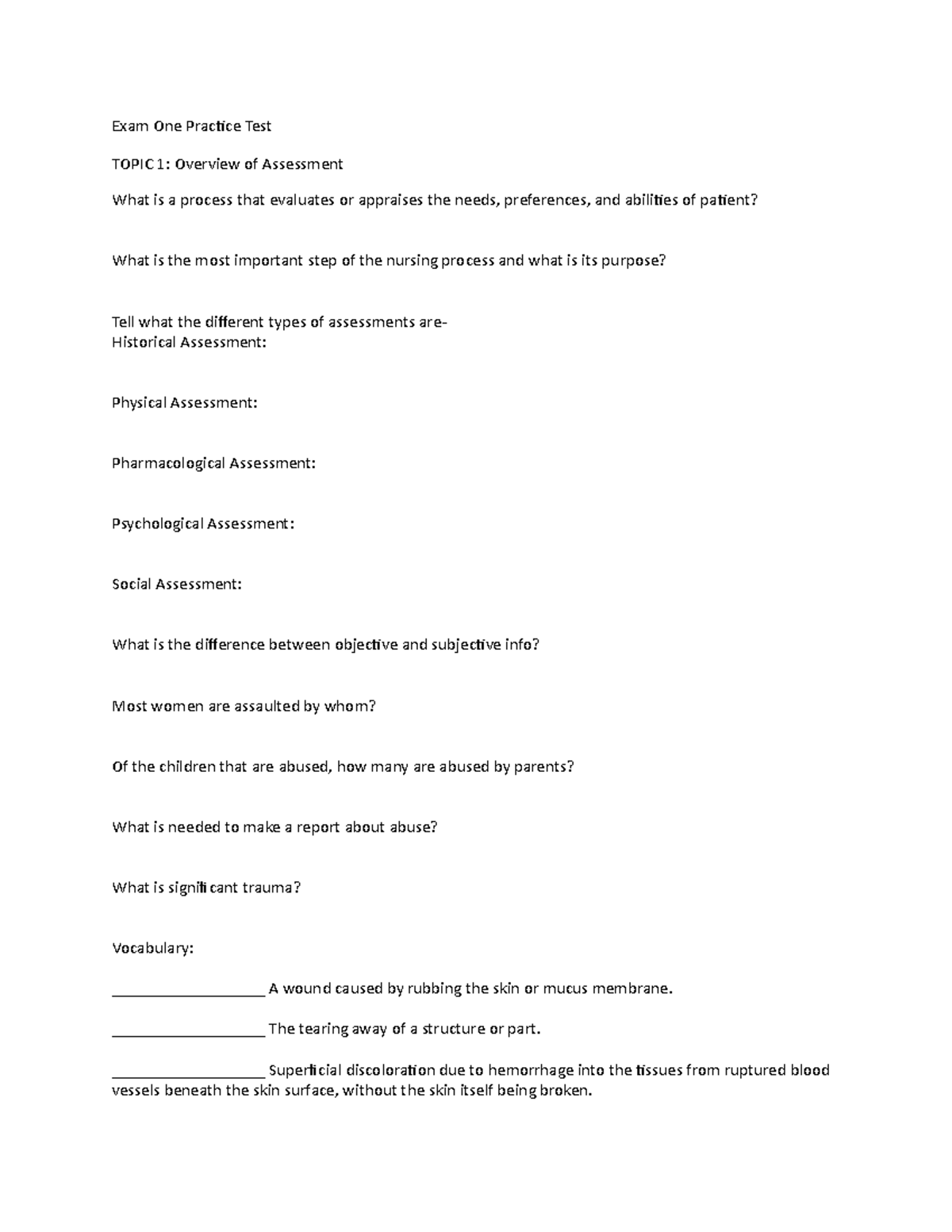 209 Exam 1 - Topic 1: Assessment Overview Practice Test - Studocu