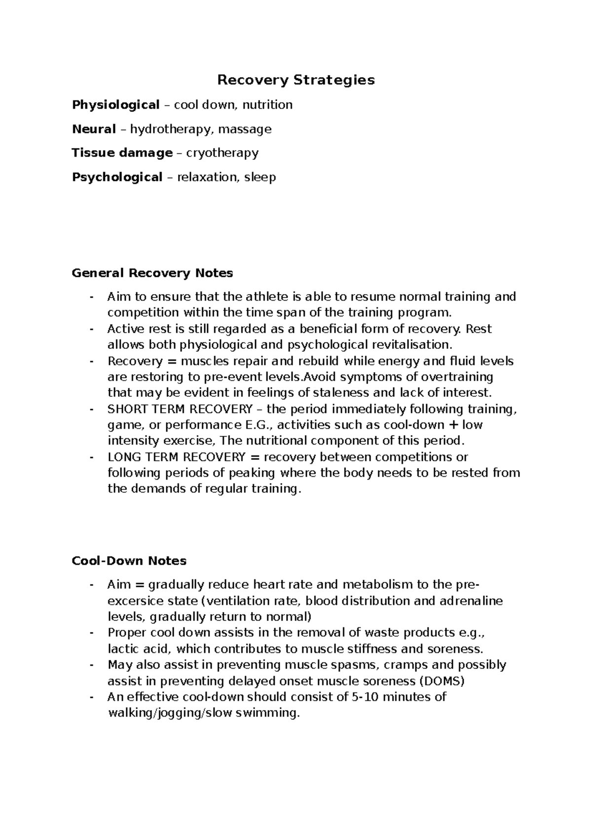 Recovery Strategies Notes for Athletes: Physiological & Nutritional ...
