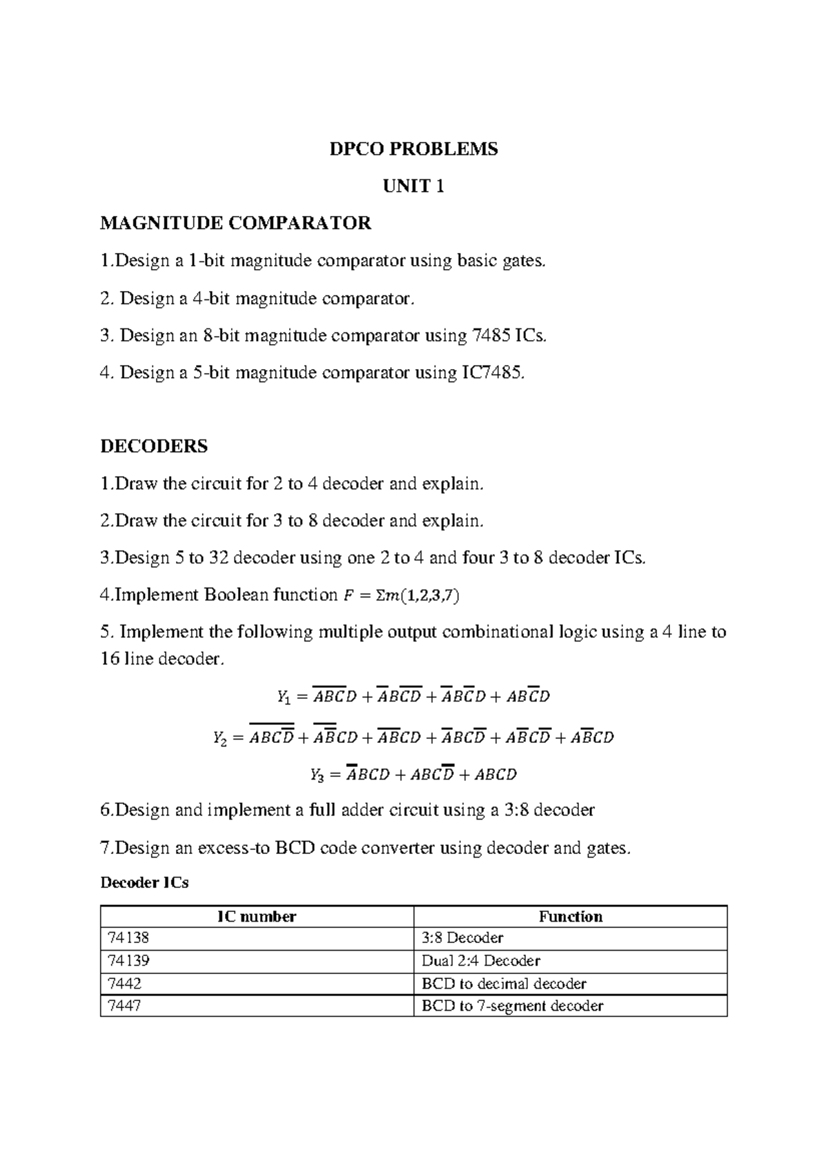 DPCO Unit I Problems: Magnitude Comparators, Decoders, and More - Studocu