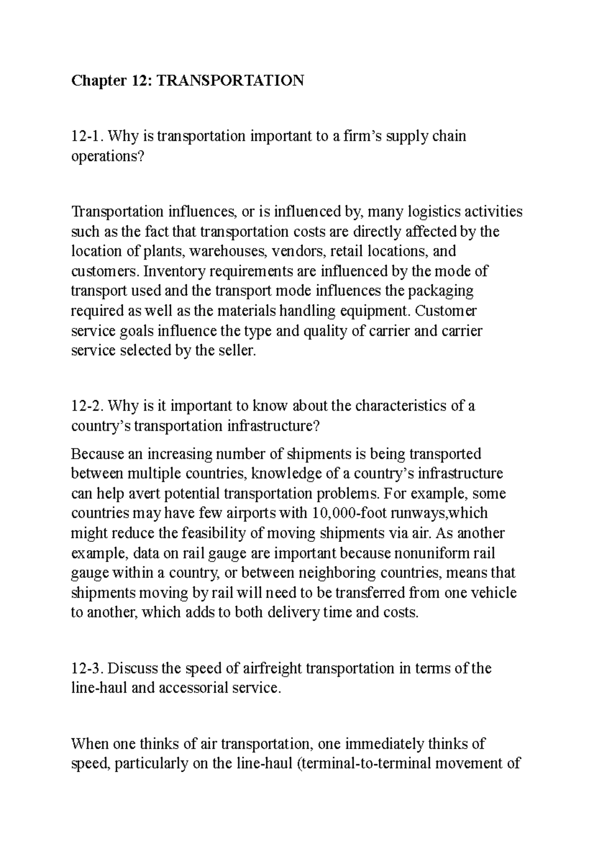 Chapter 12: Transportation's Key Role in Supply Chain Management - Studocu