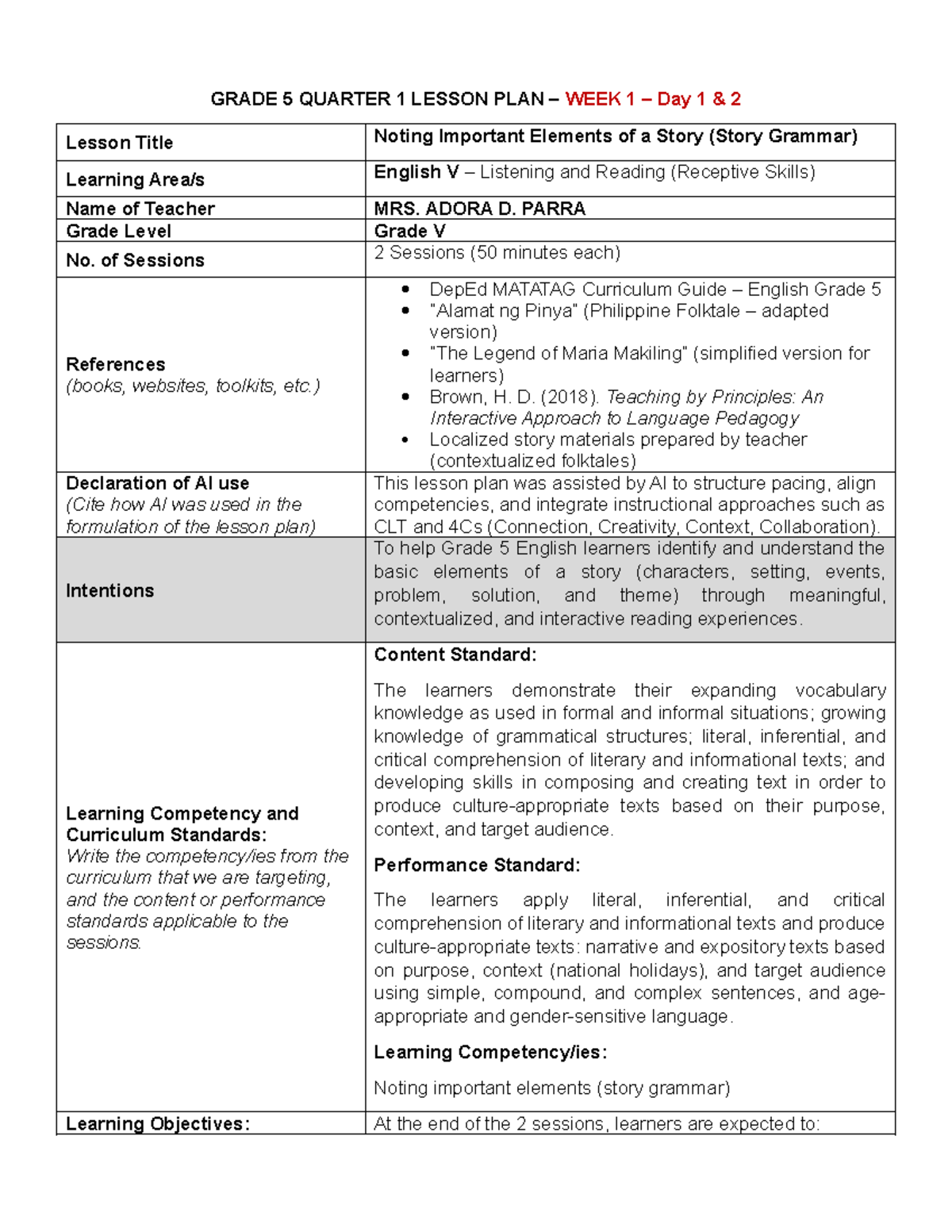 2026-Q1-Week-1-Lesson-Plan-Noting-Story-Elements-Grade-5 - Studocu