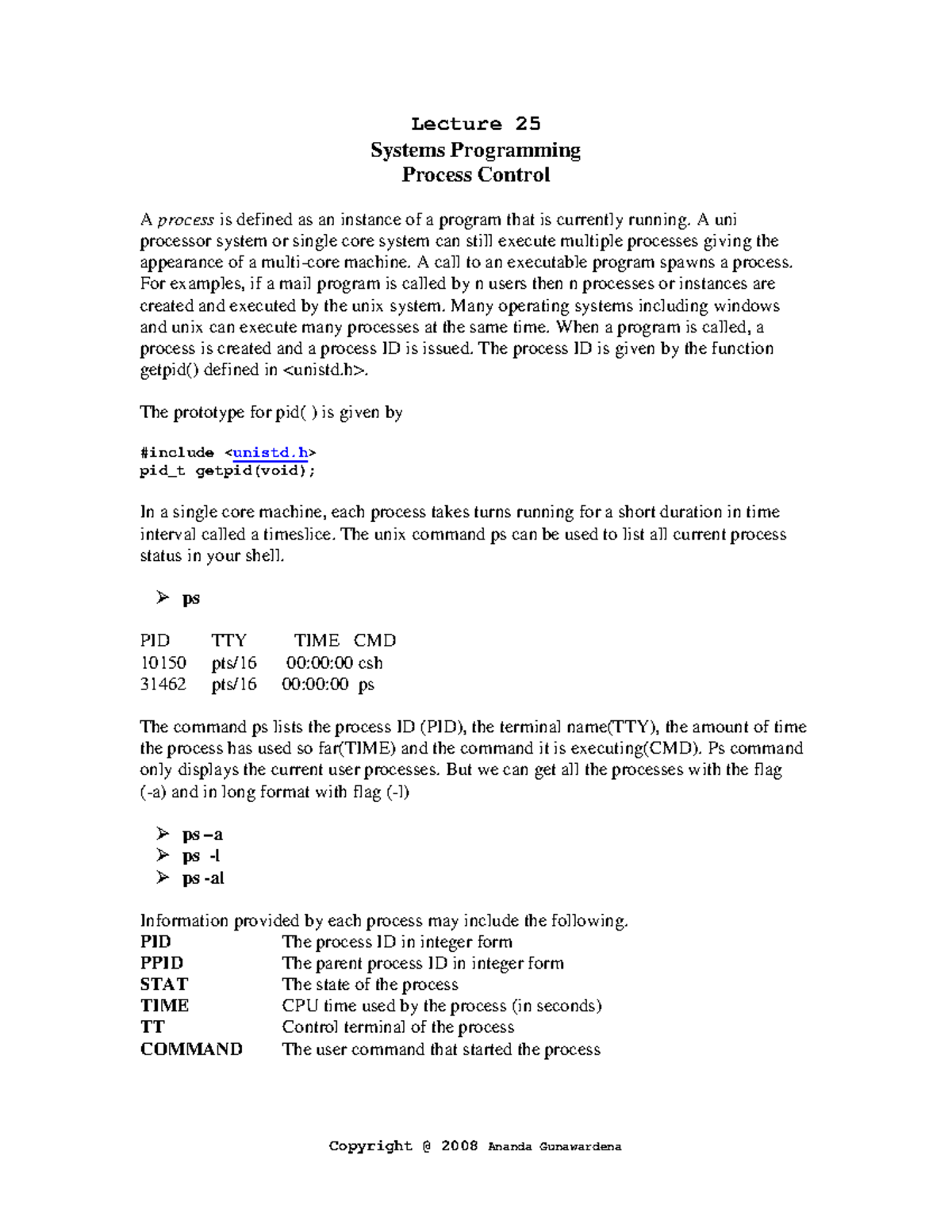 Lecture 25 - Notes - Lecture 25 Systems Programming Process Control A ...