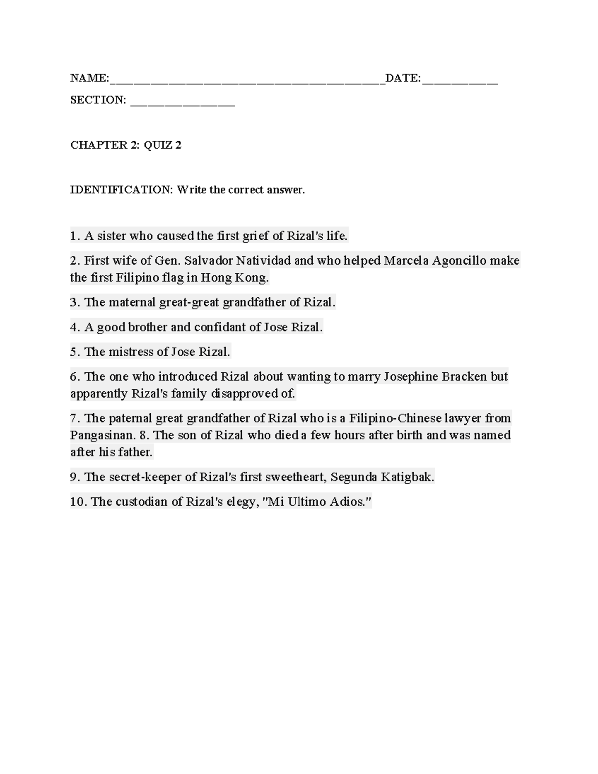 RIZAL 101: CHAPTER 2 QUIZ 2 IDENTIFICATION QUESTIONS - Studocu