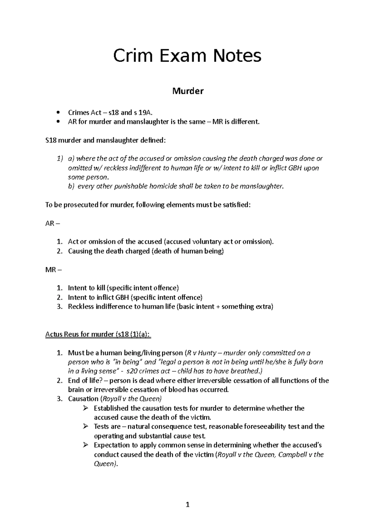 WEEKLY CASE NOTES: CRIMINAL PROCEDURE (I & II) & MURDER CASES - Studocu
