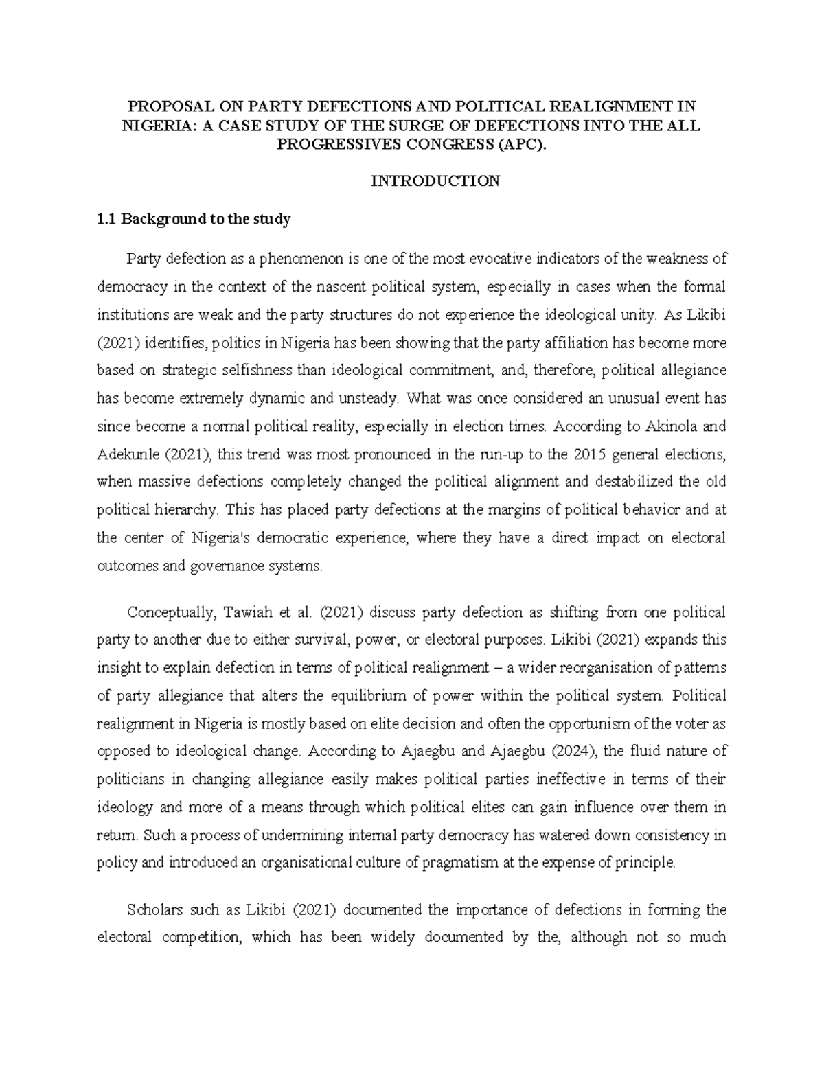 Proposal on Party Defections and Political Realignment in Nigeria: A ...