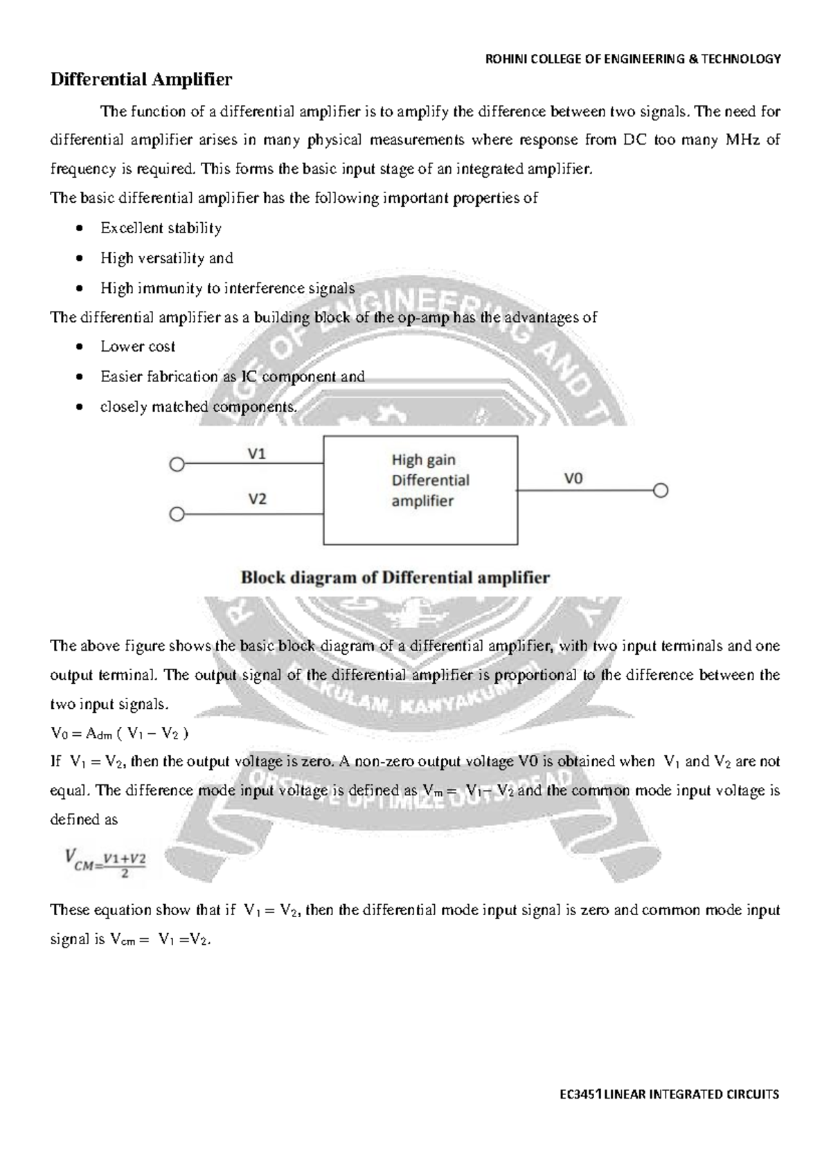 Differential Amplifier Analysis - EC3451 Linear Integrated Circuits ...