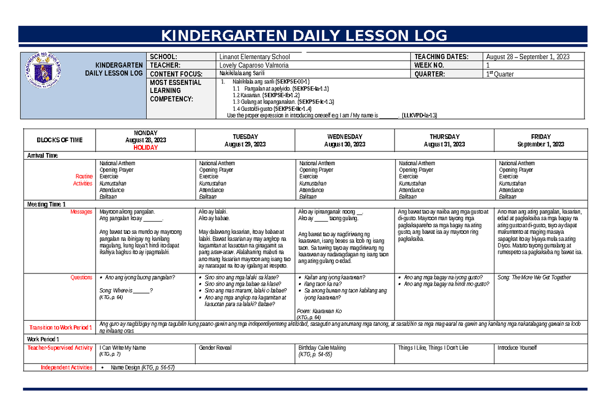 DLL week 1 - daily lesson log kinder - KINDERGARTEN DAILY LESSON LOG ...