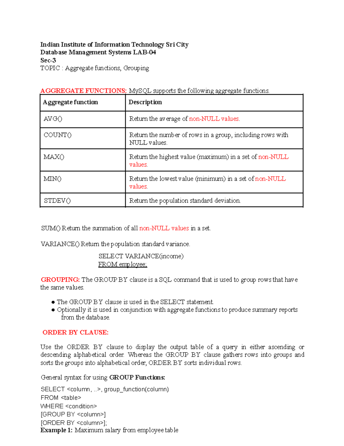 Lab04 - Aggregate Functions & Grouping in DBMS (Sec-3) - Studocu