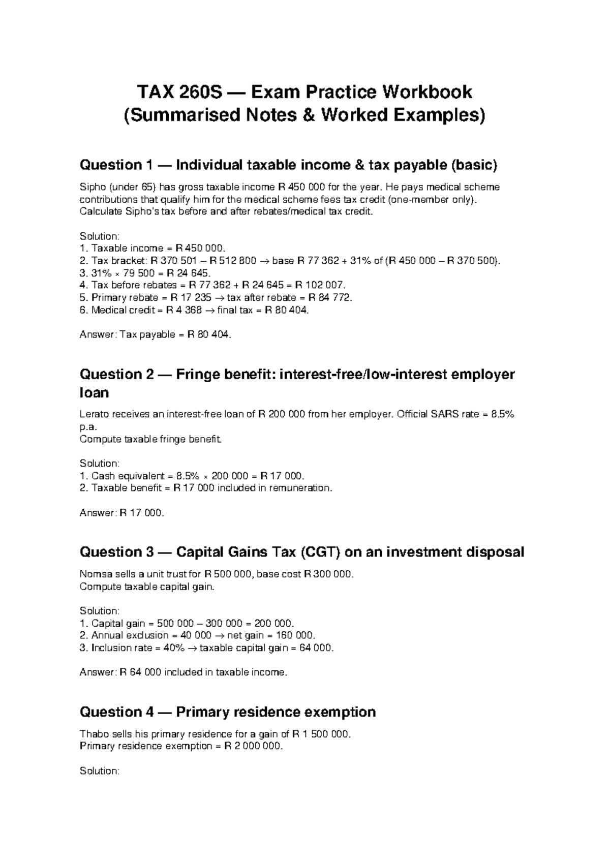 TAX 260S Exam Practice Workbook: Tax Calculations & Examples - Studocu