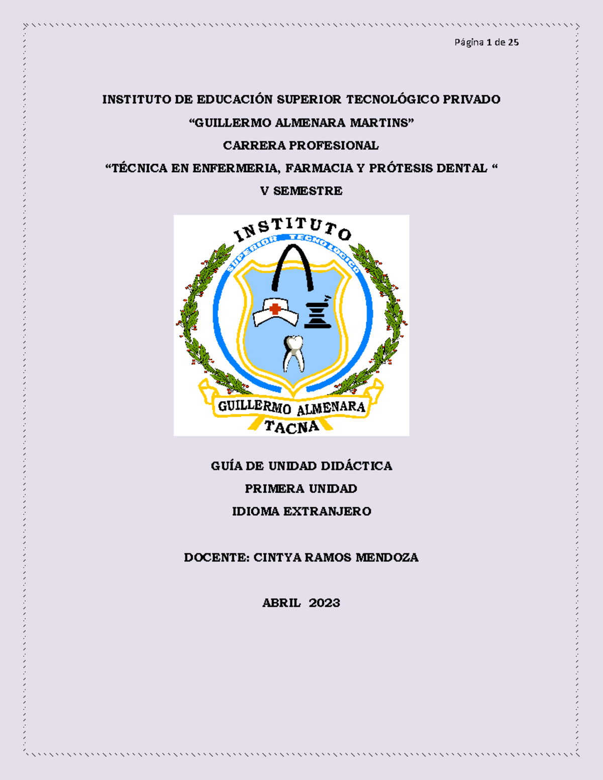 Guía de Unidad Didáctica: Inglés V Semestre - Abril 2023 - Document Preview