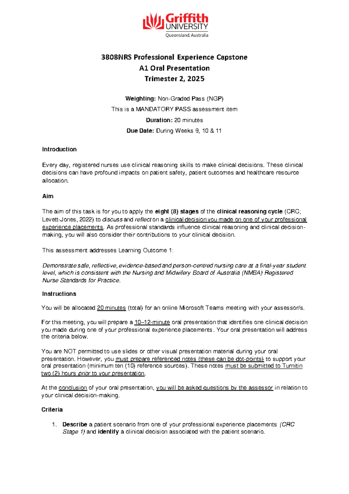 3808NRS Professional Experience Capstone A1 Oral Presentation Guide ...
