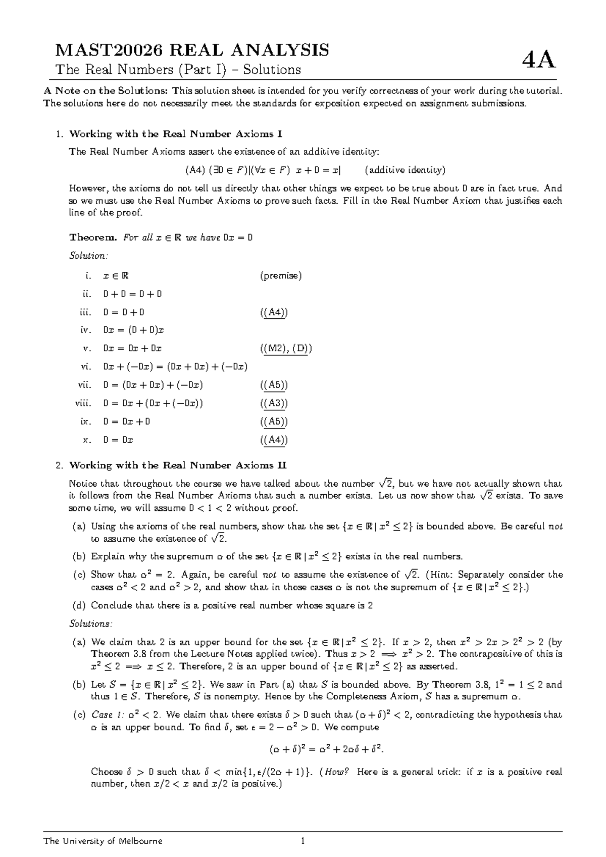 MAST20026 Real Analysis 4A Tutorial Solutions on Real Numbers - Studocu