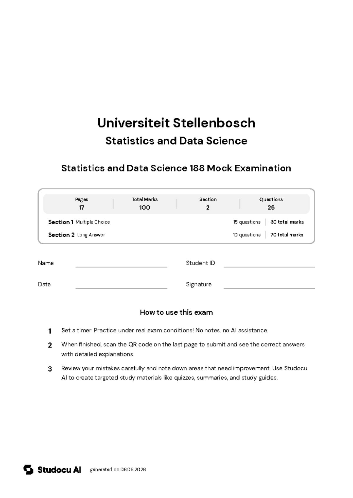 Statistics and Data Science 188 Mock Exam - Studocu