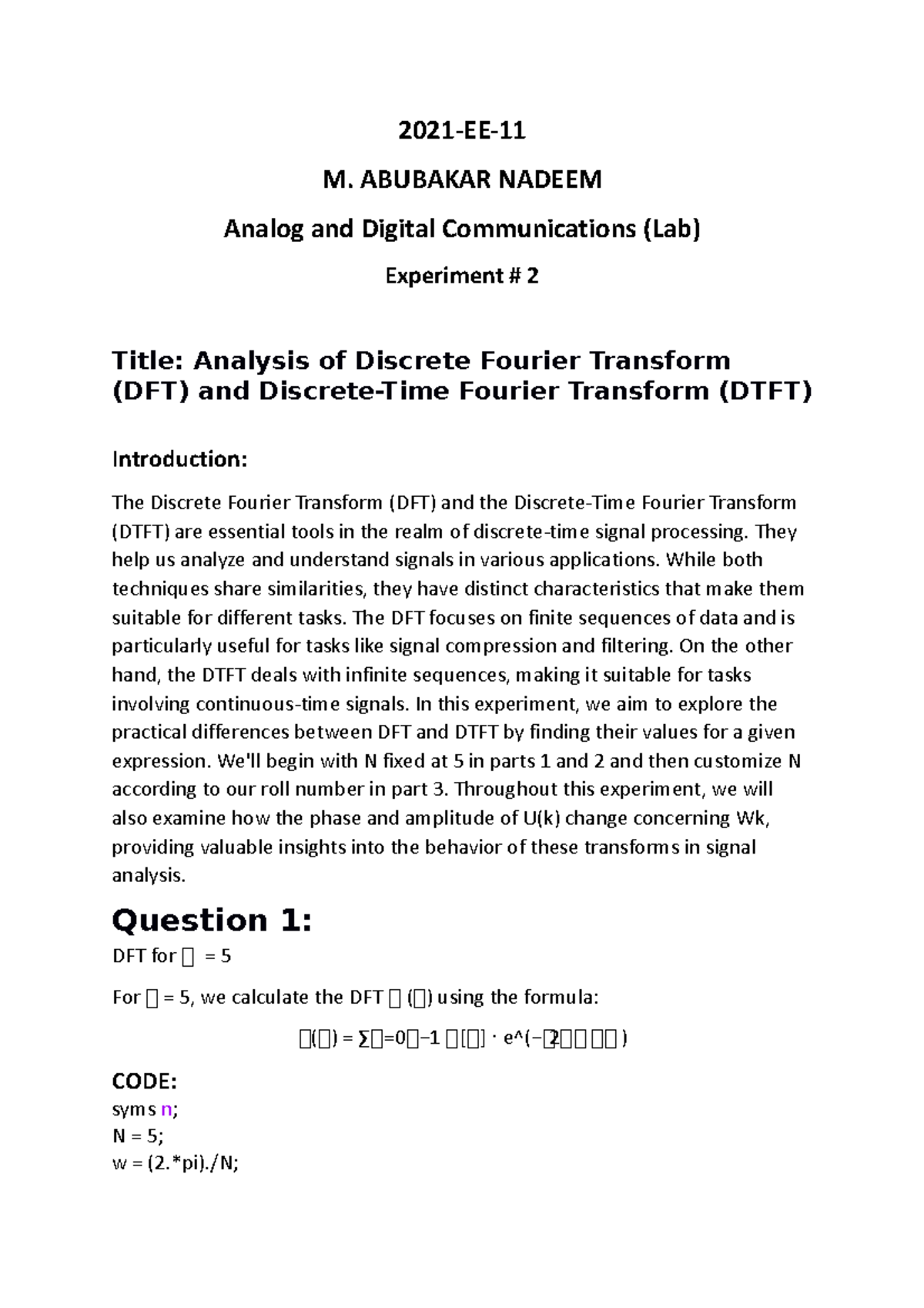 ADC 2021-EE Lab 2 Final Report: DFT & DTFT Analysis - Studocu