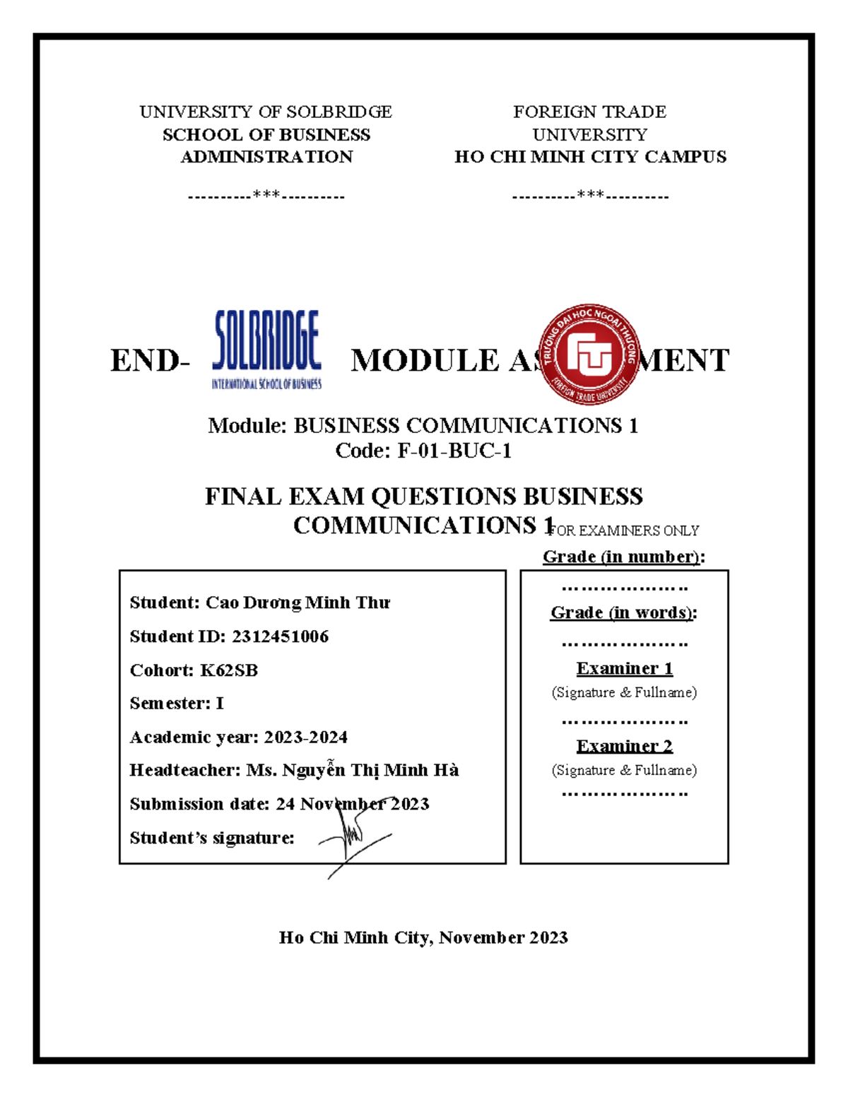 Final Exam Questions for BC F-01-BUC- in Business Communications 1 ...