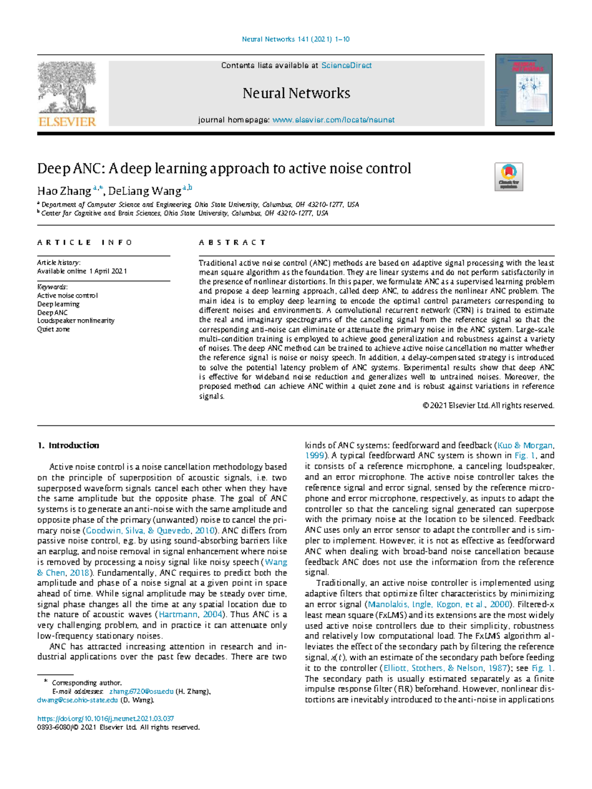 Deep Learning for Active Noise Control (ANC) - Neural Networks 141 ...