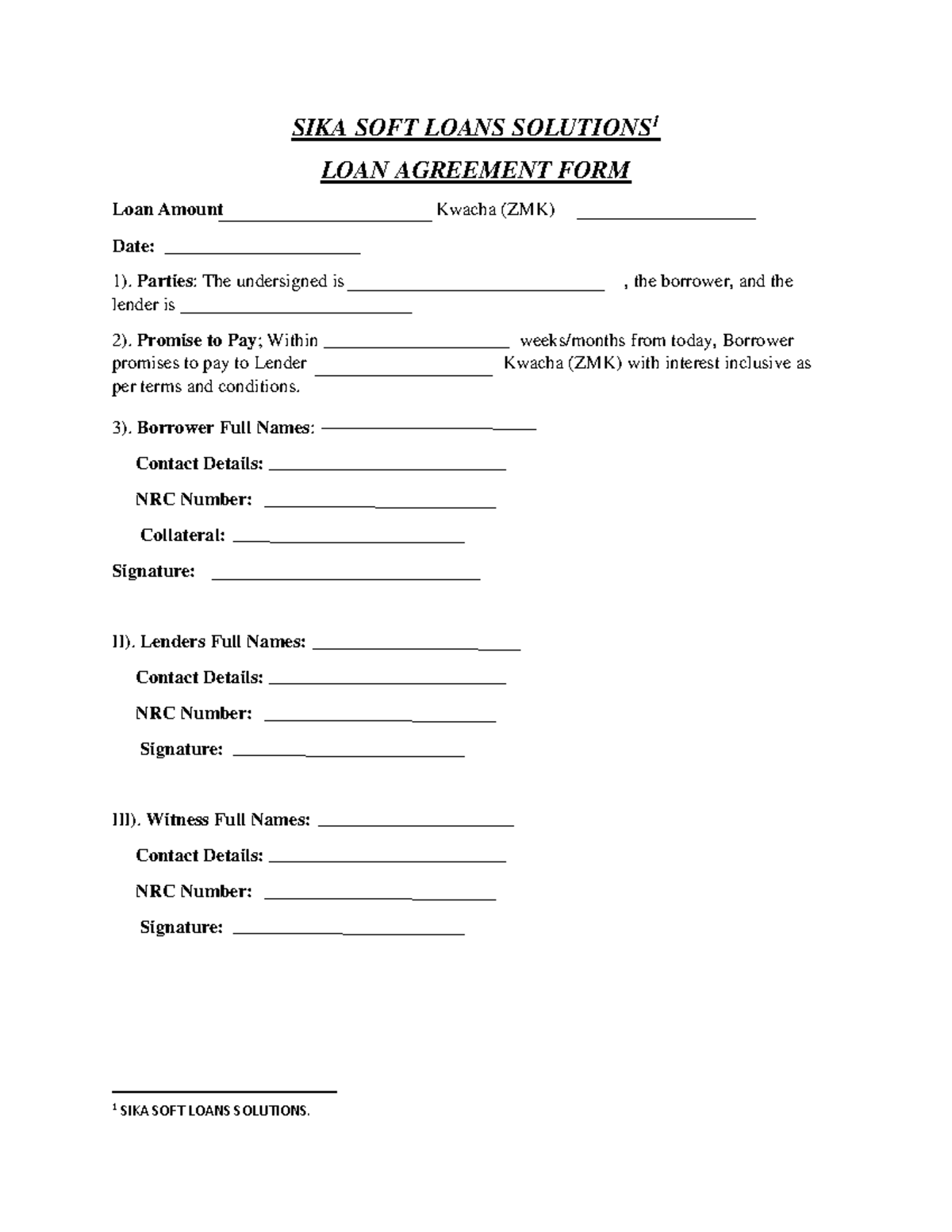 Collateral Loan Agreement Form