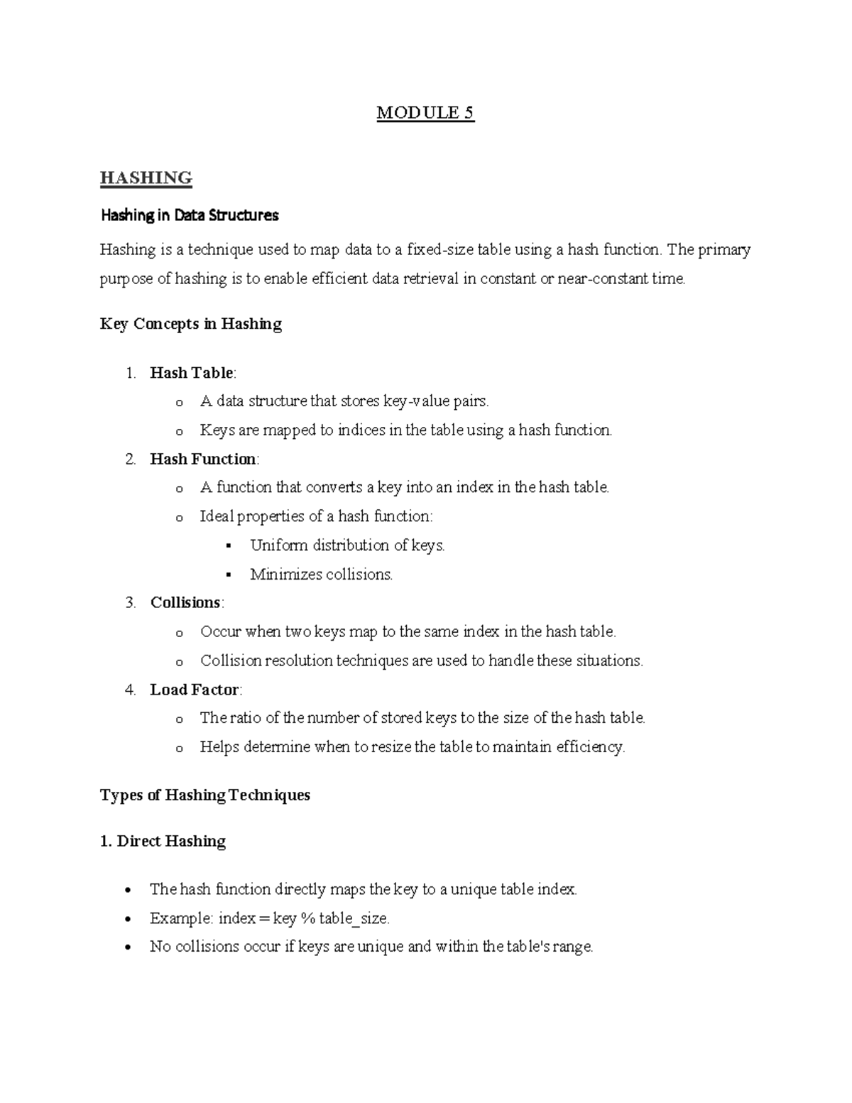 DSA Module 5 BCS304: Hashing Techniques and Concepts Notes - Studocu