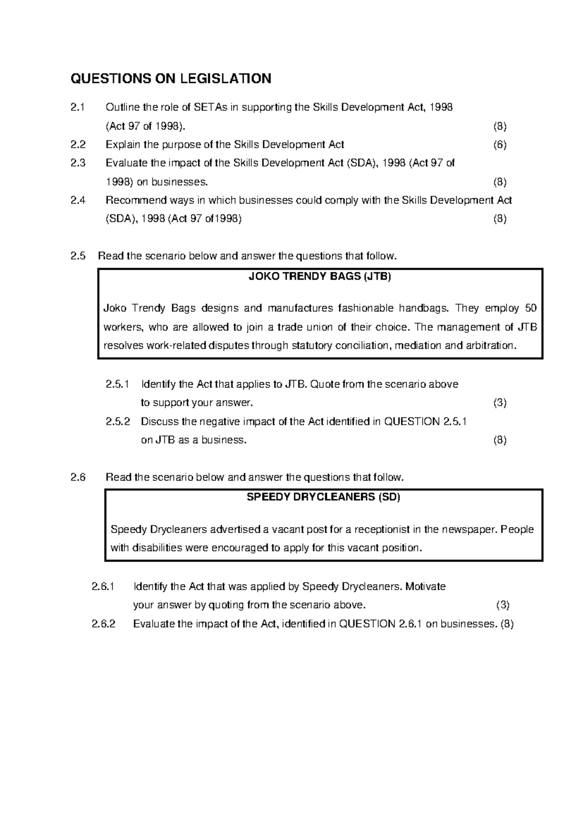 Questions ON Legislation - QUESTIONS ON LEGISLATION 2 Outline the role ...