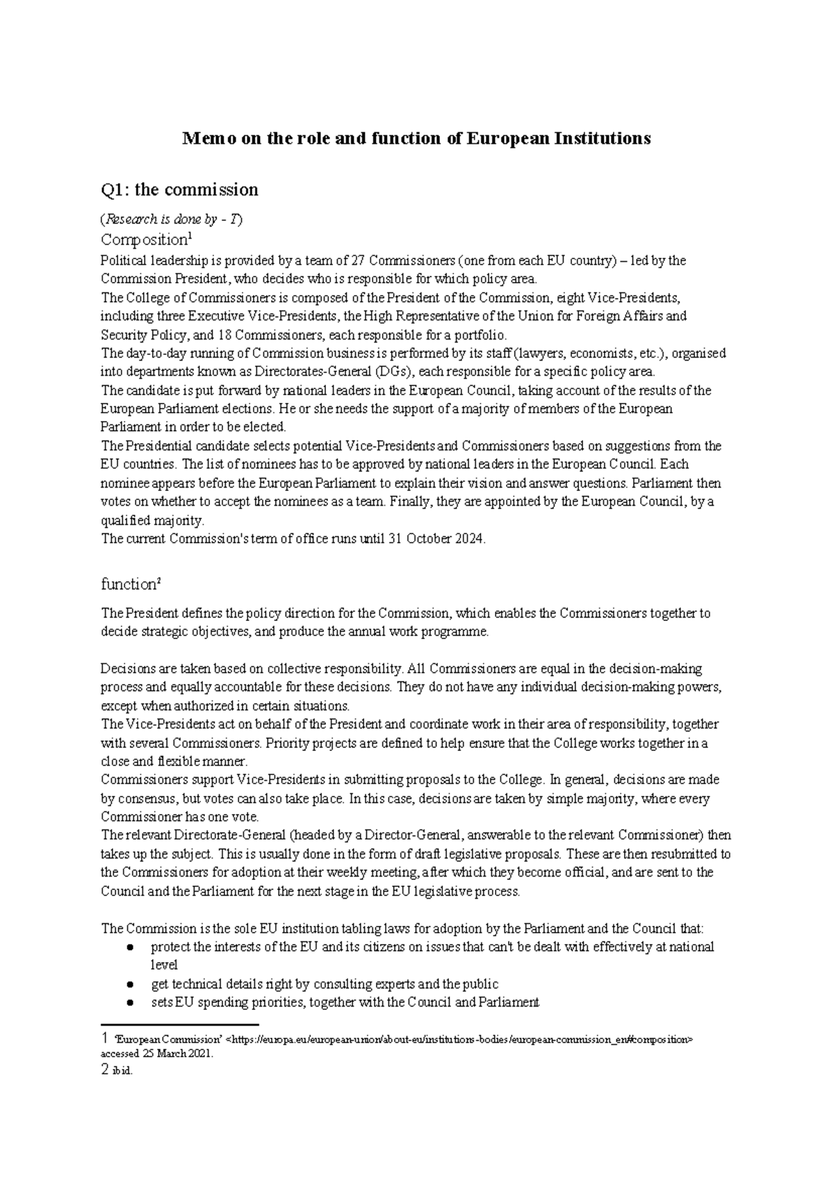 Memo: Functions of Key European Institutions in Governance - Studeersnel
