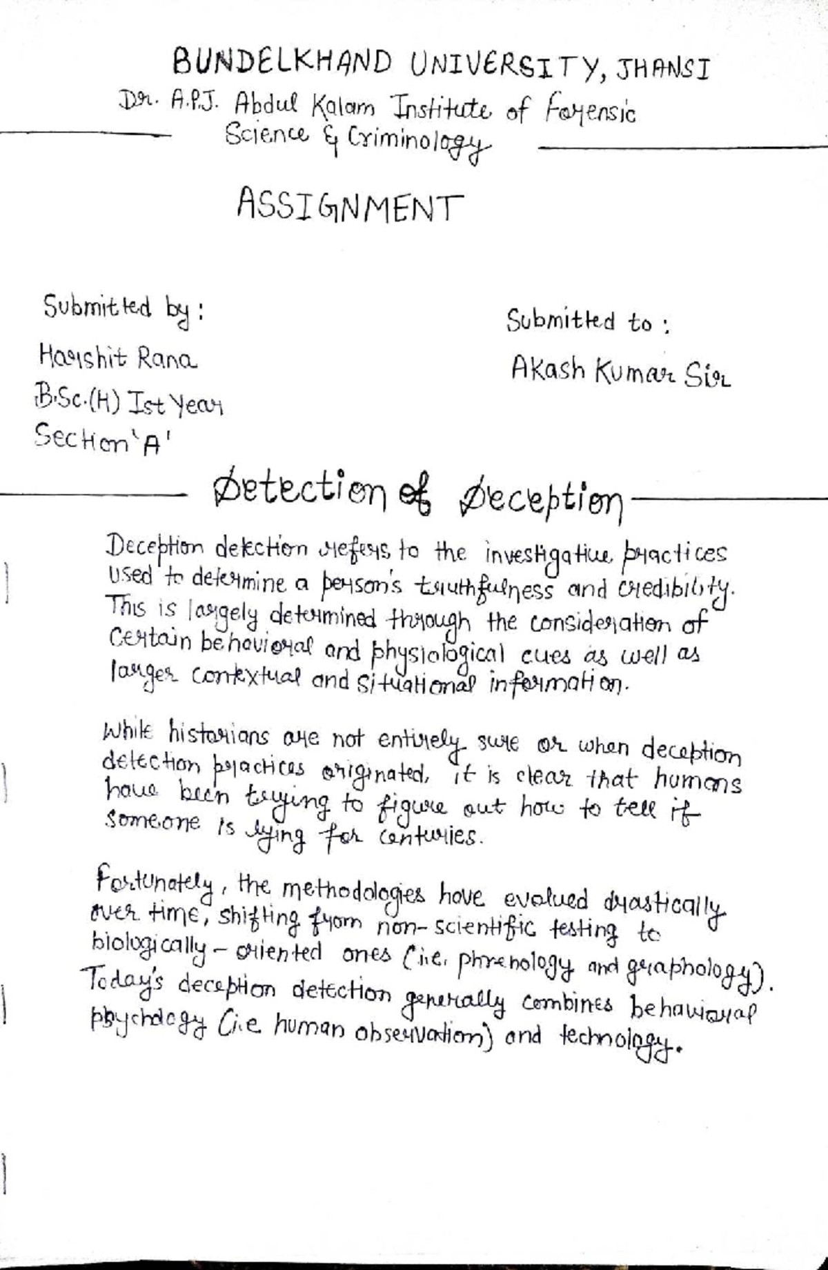 Deception Detection: Assignment for B.Sc. (H) 1st Year - Studocu